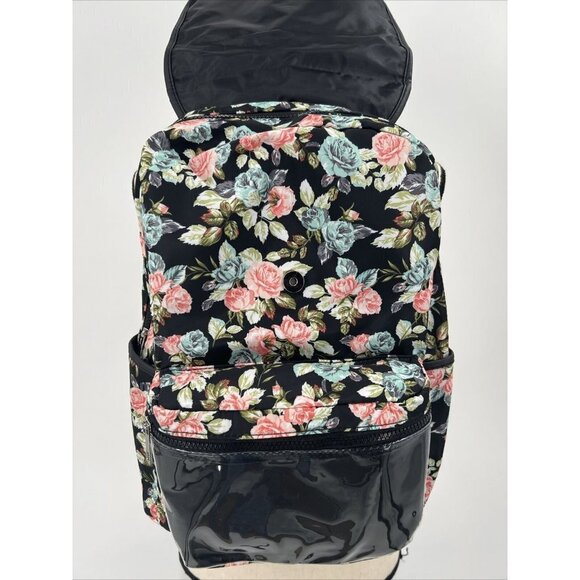 No Boundaries Nylon Flap Backpack Clear Vinyl Pocket Black Floral NWT 16" deep - Picture 5 of 8